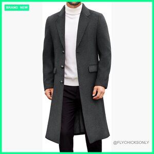 Wool Blend Trench Coat Long Overcoat Notched Collar Classic Fit